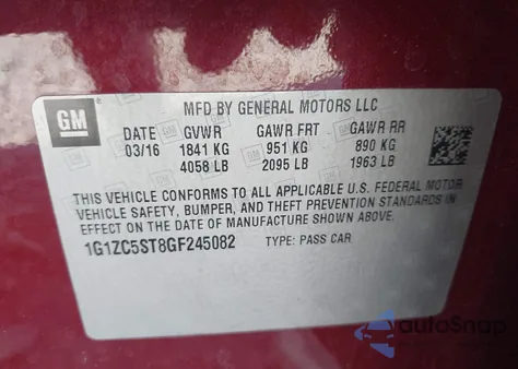 2016 Chevrolet Malibu 1Fl z USA, uszkodzony, nr VIN 1G1ZC5ST8GF245082